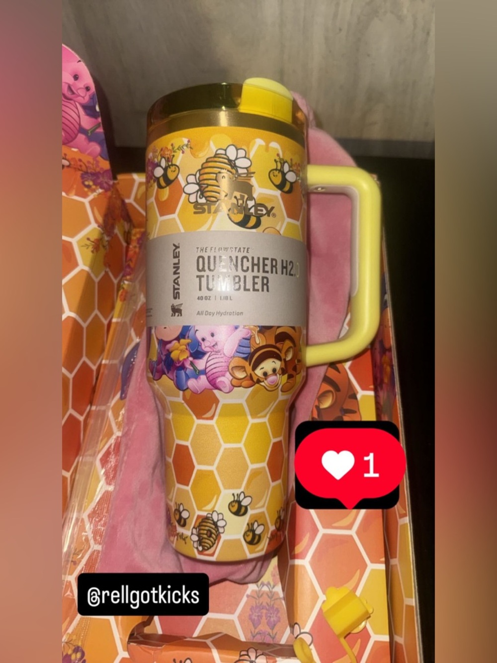 Stanley Yellow Honeybee Pattern Quencher Tumbler with Pink Accents